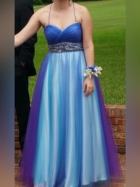 Alyce Paris Purple and Light Blue Strapless Tulle Formal Dress